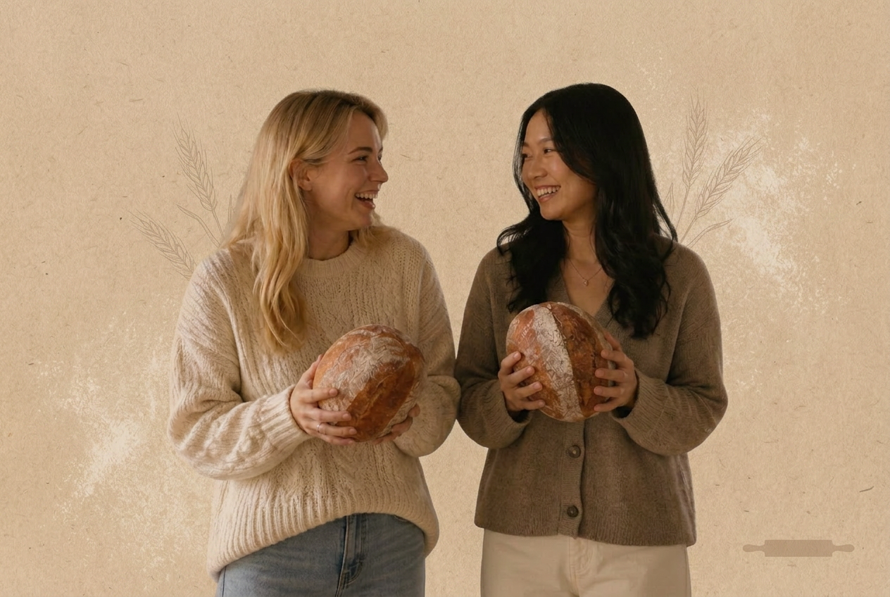 Kay and Kayla, founders of Dissolve My Dough, holding fresh sourdough loaves